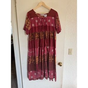LA CERA Cotton Patchwork Sun Sunburst Print Midi Dress Size Medium Boho Granola